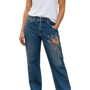 Romwe Butterfly Jeans Womens 8/10 Blue Denim‎ Straight High Rise Y2K Embroidered